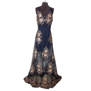 Altar’d State Stretchy Slip Embroidered Flower Gray Mesh Angelique Maxi Dress M